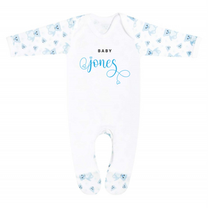 Personalised Last name Homecoming Baby Boy Romper suit - Blue Bear