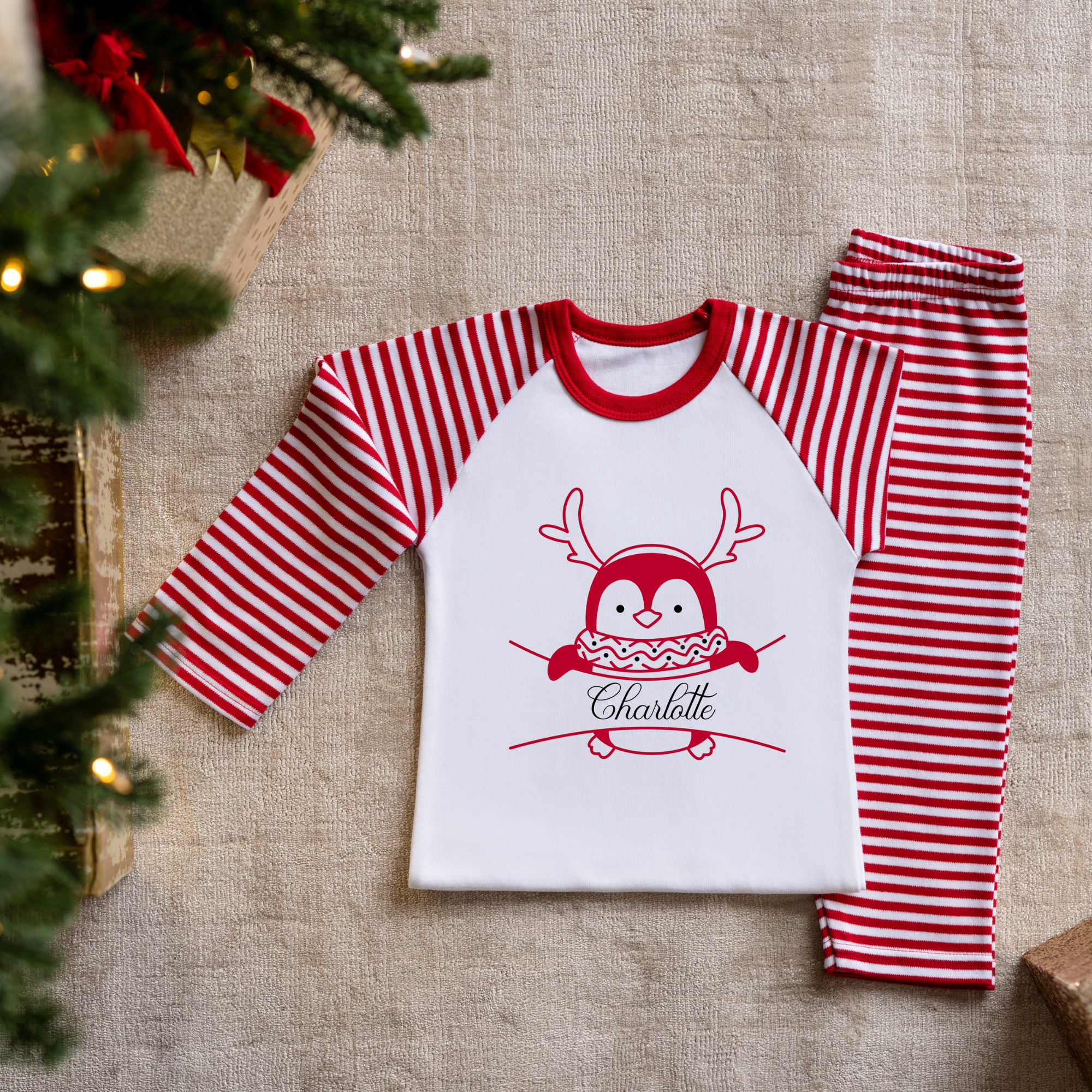 Red White Stripes Penguin Christmas Pyjamas