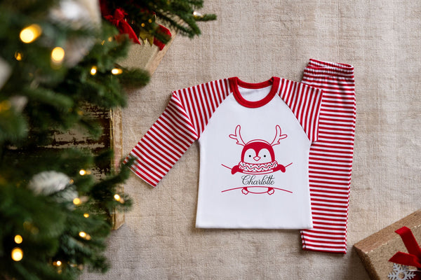 Red White Stripes Penguin Christmas Pyjamas